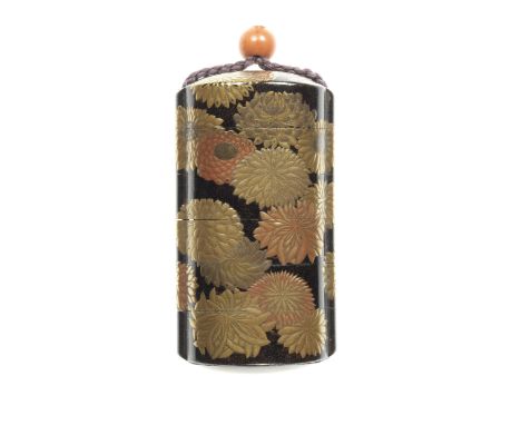 A black-lacquer five-case inroBy Hokugasai, 19th centuryThe vertical rectangular body with a roiro ground lacquered with a co