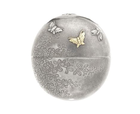 Three metal-inlaid miniature inro19th centuryComprising: a small copper two-case inro inlaid with a vase and a flying goose, 