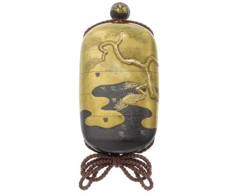 A gold-lacquer four-case inroBy Shokyosai, 19th centuryThe lenticular body with a rich kinji ground, lacquered with a pine tr