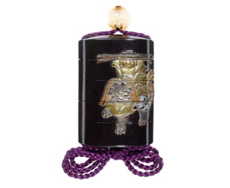 A black-lacquer four-case inroBy Yamada Jokasai, 18th centuryThe roiro ground lacquered with Shoki, the demon-queller riding 