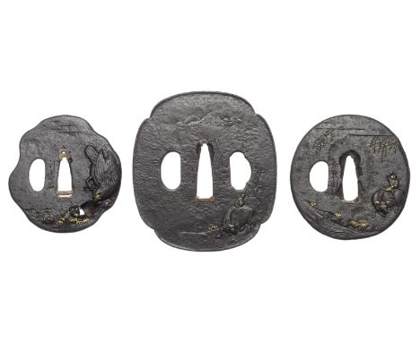 Three iron tsubaNara and Yamashiro Schools, 17th to 18th centuryThe first carved and inlaid with a boy on an ox by a stream, 