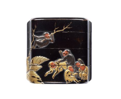An early black-lacquer small three-case inro17th centuryThe wide body with a roiro ground, lacquered with a troop of nine mac