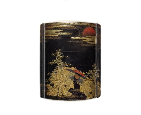 A black-lacquer four-case inroBy Koami Choin/Choshu, 18th centuryThe roiro ground with bands of muranashiji, lacquered with N