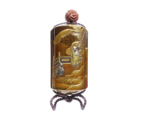 A gold-lacquer and metal-inlaid five-case inroBy Tachibana Gyokuzan, 19th centuryThe vertical rectangular body inlaid in gold