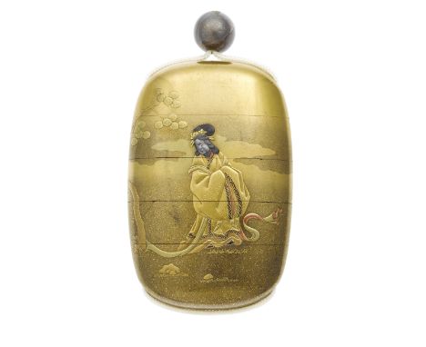 A gold-lacquer four-case inroBy Kosai, 19th centuryThe vertical rounded rectangular body with a kinji ground, lacquered and i