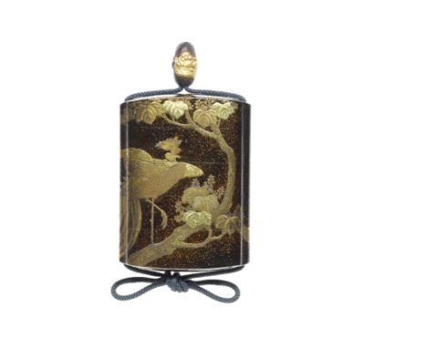 A black-lacquer four-case inroBy Hideteru, 18th/19th centuryThe mura-nashiji ground lacquered with a ho-o bird on a flowering