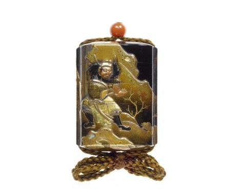 A black-lacquer four-case inroSchool of Shiomi Masanari, 19th centuryDecorated all over in gold and iro-e takamaki-e and kiri