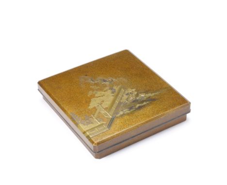 A gold-lacquer suzuribako (box for writing utensils) with en-suite cover17th centuryOf rectangular form with canted corners, 