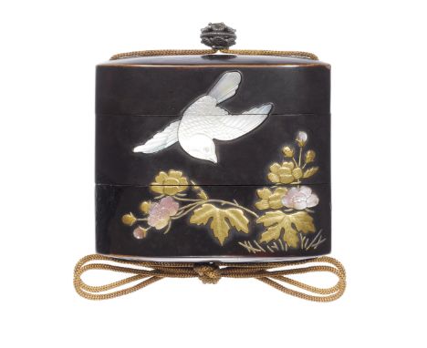An inlaid black-lacquer two-case inroBy Mizutani Shutoho, 18th centuryThe wide body with a roiro ground lacquered and inlaid 