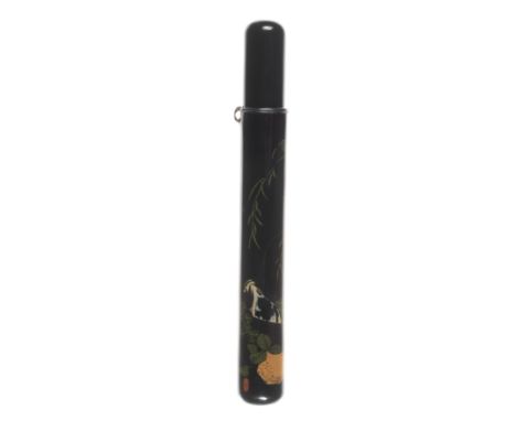 An unusual black-lacquer kiseruzutsuBy Zokoku, late 19th centuryBearing a roiro ground, painted with a fish in a basket besid