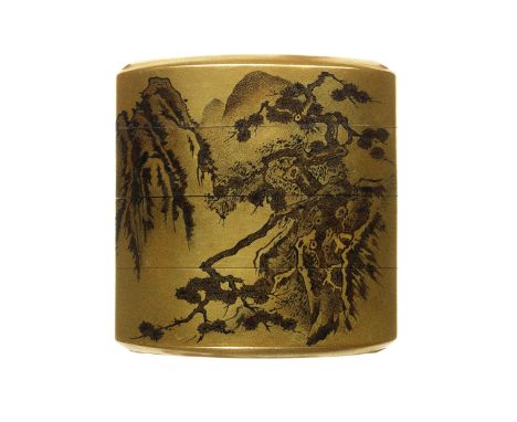 A fine gold-lacquer three-case inroBy Koma Kyuhaku, 19th centuryThe rounded square body with a subdued kinji ground lacquered