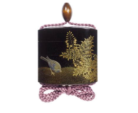 A black-lacquer three-case inroBy Koma Yasutada, 19th centuryThe vertical rectangular body with a rich roiro ground lacquered