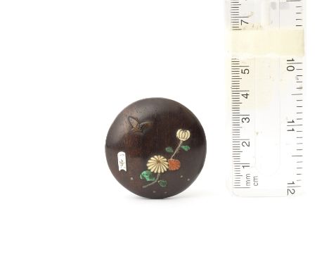 A wood manju netsukeBy Kazuhiro, late 19th centuryOf shallow form, decorated in Shibayama style, inlaid in various materials 