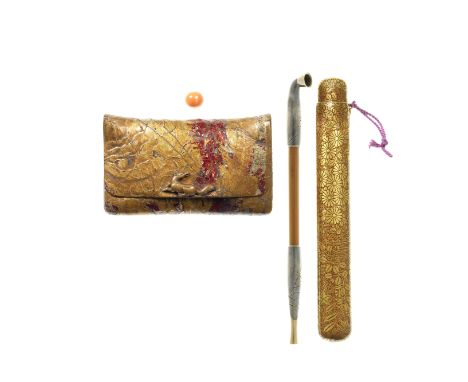 A fine set of a lacquer kiseruzutsu (pipe case), tabako-ire (tobacco pouch) and kiseru (pipe)By Uematsu Hobi (1872–1933), Kan