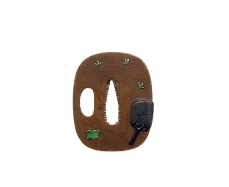 A small copper tsuba with enamel inlayBy Tou, Nara School, 19th centuryOf rounded rectangular form, the  ishime ground inlaid