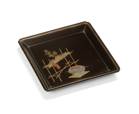 A black-lacquer square tray19th centurySupported on four bracket feet, embellished in gold and iro-e hiramaki-e and togidashi