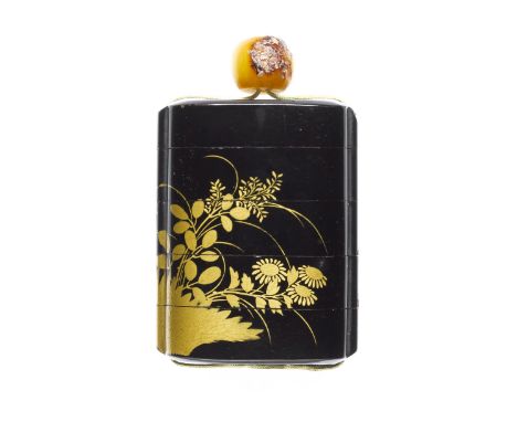 A black-lacquer four-case inroBy Kahei, 18th centuryThe vertical rectangular body with a roiro ground, lacquered with chrysan