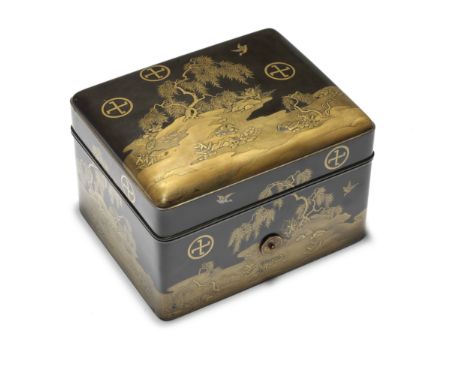 A black-lacquer ryoshibako (document box) with en-suite cover17th centuryOf classic rounded rectangular form with a roiro gro