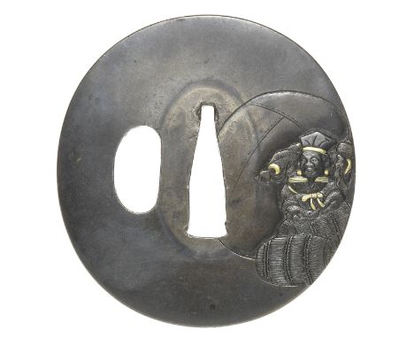 A shibuichi tsubaBy Shigenori, late 18th/early 19th centuryOf oval form, carved in low relief with Daikoku standing on rice b