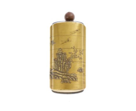 A gold-lacquer four-case inroBy Shugakusai, 19th centuryThe vertical rectangular body with a kinji ground lacquered in takama