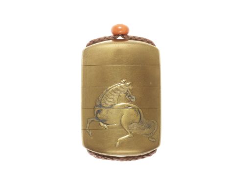 A gold-lacquer four-case inroBy Togyu, 19th centuryThe rich kinji ground lacquered on one side with a large horse in gold tak