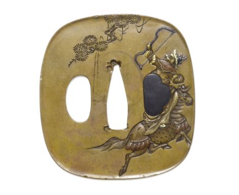 A brass tsubaNara School, 19th centuryOf rounded rectangular form, carved in shishiaibori (sunken relief carving) and inlaid 