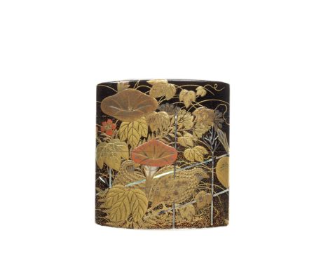 A black-lacquer three-case inroBy Koma Bunsai, early 19th centuryThe wide rectangular body with a roiro ground with mura-nash