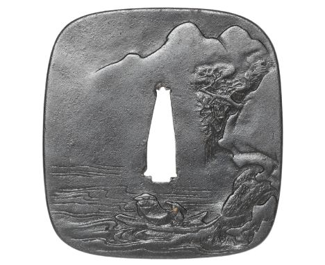 An iron tsubaBy Tomokiyo, Choshu school, early 19th centuryOf rounded rectangular form, carved in low relief with two fisherm
