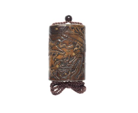 An unusual lacquered-wood four-case inro17th centuryThe tall vertical oval rectangular body carved with a continuous design o