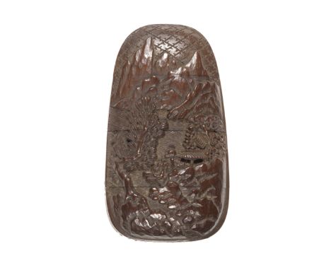 An unusual wood three-case inroBy Yano Keitsu, 19th centuryThe rounded tapering body carved in high relief to one side with a