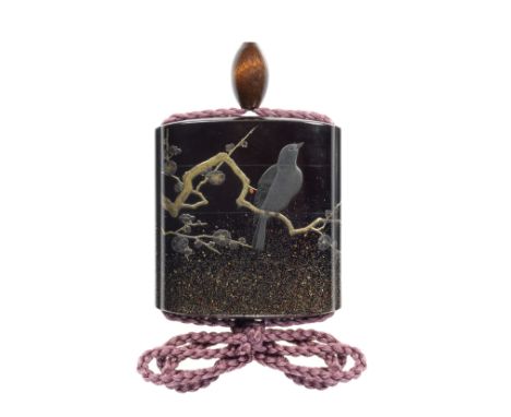 A black-lacquer three-case inroBy Koma Yasutada, 19th centuryThe vertical rectangular body with a roiroi ground shading to us