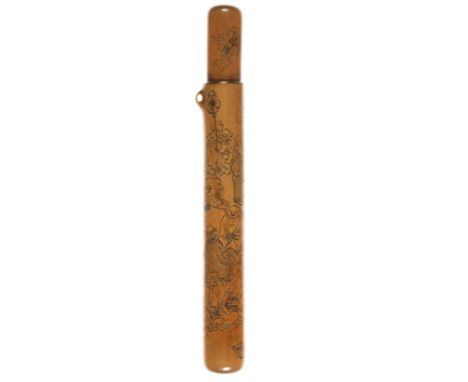 A wood kiseruzutsuBy Tetsuri, late 19th centuryOf muso-zutsu form, finely engraved in kebori (plain line engraving) with sixt