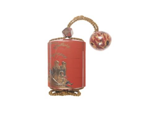 A red-lacquer four-case inro18th centuryThe vertical rectangular body with a bright vermilion ground lacquered with the Chiku