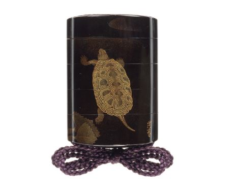 A black-lacquer four-case inroBy Tatsuke Toshihide, after a painting by Matsumura Goshun, 19th centuryThe vertical rectangula