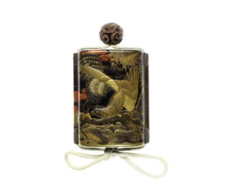A black-lacquer four-case inroBy Okuda Yoshitsura, after Yuga and Kahei, 18th/19th centuryThe vertical rectangular body with 