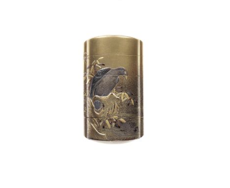 A gold-lacquer four-case inroBy Shigehide, 19th centuryThe vertical rectangular body with a kinji ground and lacquered in gol