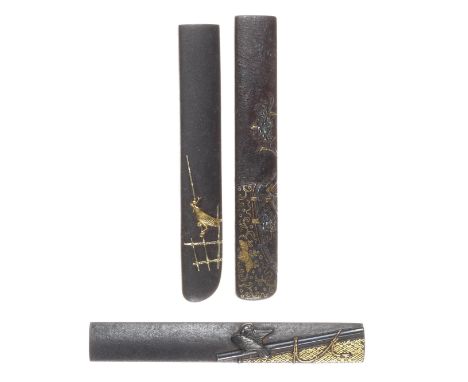 Three iron kozukaKaga style, Soten school, unknown school, 18th to 19th centuryThe first inlaid with a dance-stage curtain, u