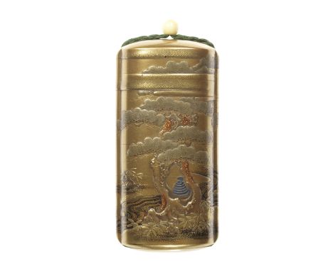 A gold-lacquer five-case inroBy Ippusai, 19th centuryThe vertical rectangular body with a kinji ground lacquered with a conti