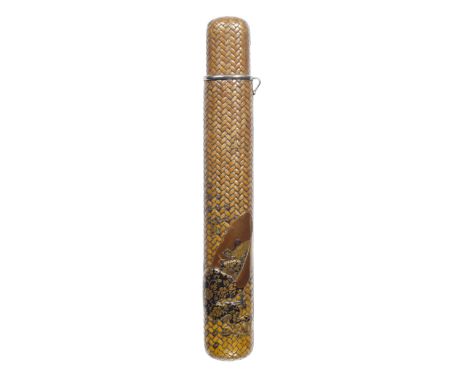 A rattan kiseruzutsuBy Koenshi Osai, late 19th centuryOf muso-zutsu form, lacquered with takaramono spilling out from a bowl 