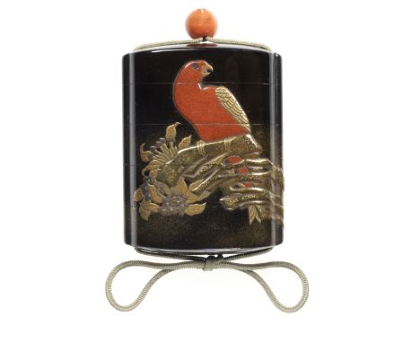 A black-lacquer small four-case inroBy Shiomi Masanari, late 18th centuryThe rich roiro ground lacquered with a red cockatoo 