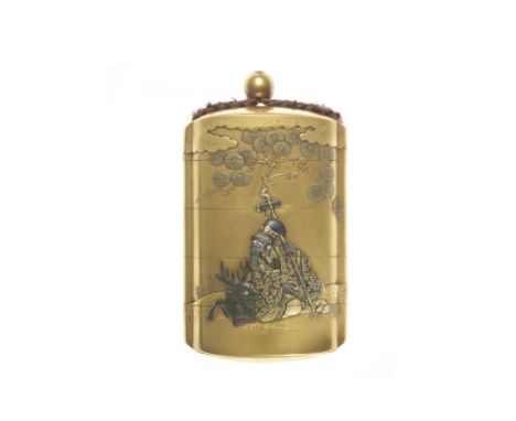 A gold-lacquer and inlaid metal four-case inroBy Ittokusai and Kikuoka Mitsuyuki, 19th centuryThe rich kinji ground lacquered