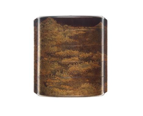 A black-lacquer four-case inroBy Tatsuke Toshihide II (1771-circa 1842), dated 1821The rich roiro ground lacquered with a con