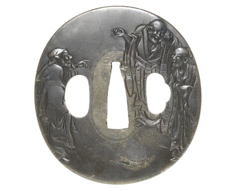 A shibuichi tsubaIchinomiya School, 19th centuryOf oval form, carved in sunken relief with the Kokei Sansho (Three Laughers o