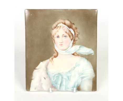 An early 20th century Continental porcelain plaque. Painted with the portrait of a lady with an ermine stole, 19cm x 16.5cm.