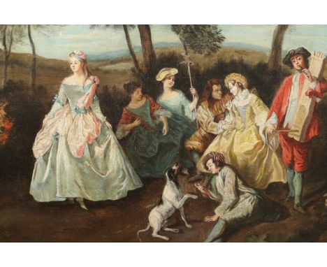 Manner of Jean Antoine Watteau, a large 19th century gilt framed oil on canvas. A gathering of figures in fine 18th century a