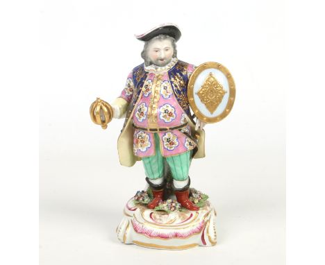 A 19th century Derby figure modelled as Falstaff. Decorated in coloured enamels and raised on a rococo style base edged in gi