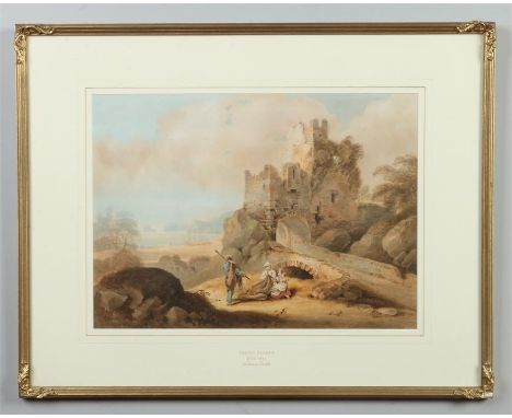 James Baynes (1766-1837) gilt framed watercolour. Titled view of Norham castle with figures at the fore, 32cm x 45cm.Conditio