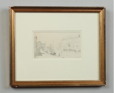 Frank Bramley (Newlyn School 1857-1915) gilt framed pencil sketch, the quayside Finesterre. Titled and dated verso 7.5cm x 13