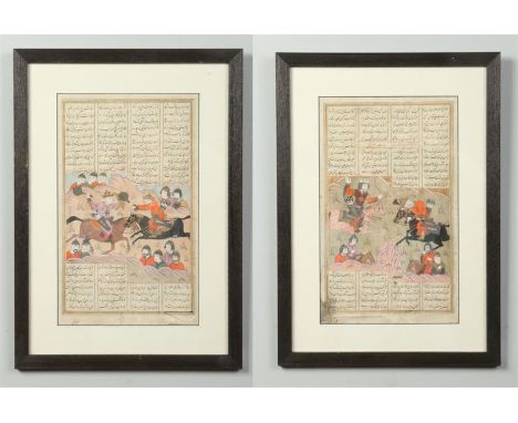 Two antique framed Islamic manuscript pages. Each painted in colours with mounted figures, foot soldiers and with text, frame