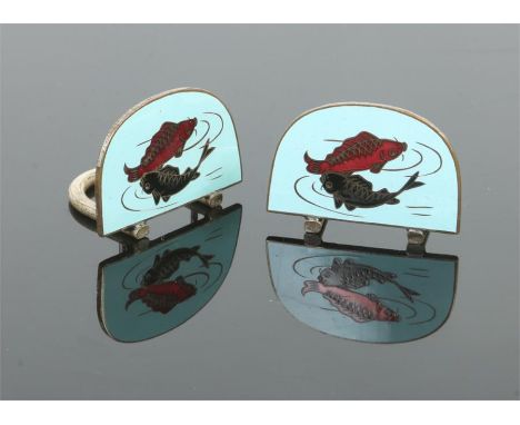 A pair of Japanese Taisho period white metal cloisonne menu holders decorated with carp on a pale blue ground, 35mm wide.Cond